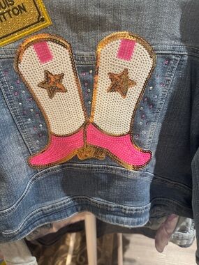 Sequin Cowboy Boot Appliqué Jean Jacket - Pink & White